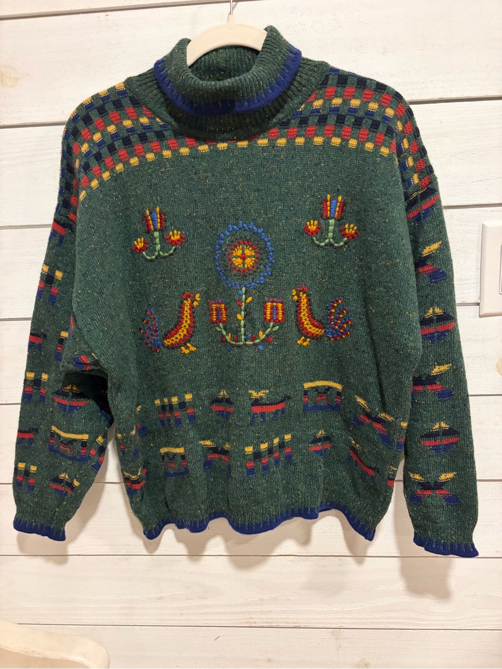 VTG Silvy tricot Italy tricot green wool sweater bird flower embroidered Large